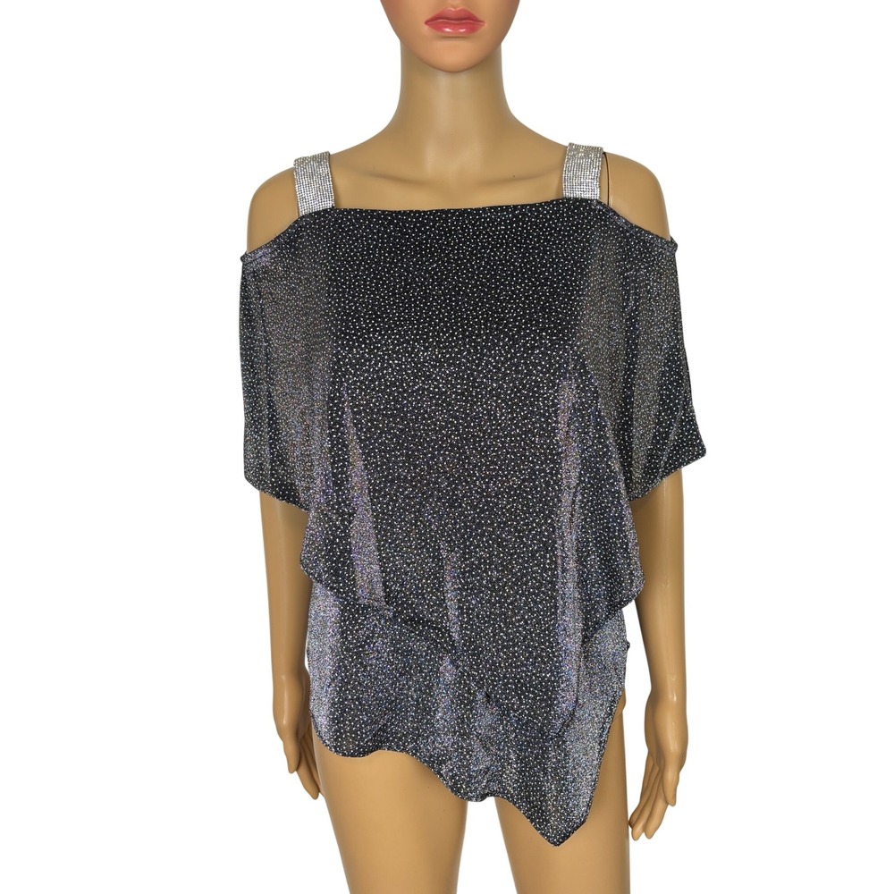 Prelude Cold Shoulder Top Women S Black Metallic Rhinestone Party Glam Draped